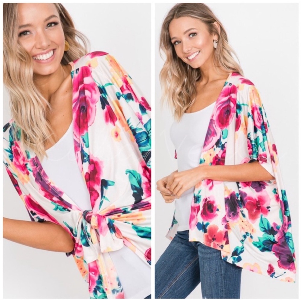 LAST ONE Ivory & Bright Floral Kimono - Picture 1 of 3